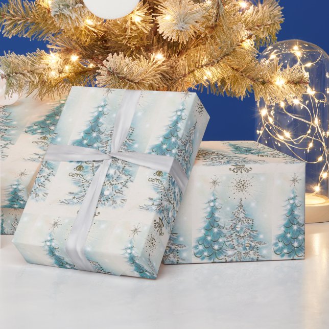 Papel De Regalo Árboles de Navidad azules plateados de estilo mode (Vacaciones)