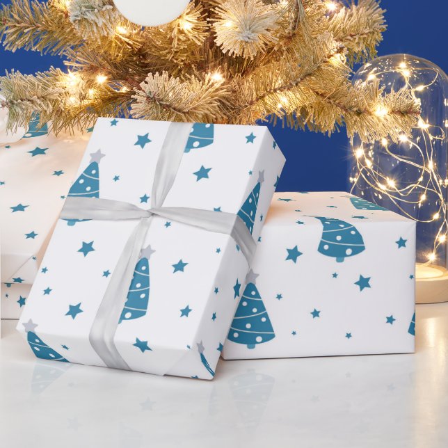 PAPEL DE REGALO ÁRBOLES DE NAVIDAD BLANCA GRIS AZUL Y SNOWFLAKES (Vacaciones)