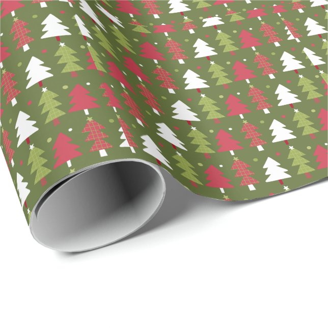 Papel De Regalo Árboles de Navidad Blanco Rojo y Verde (Esquina del rollo)