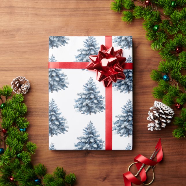 Papel De Regalo Árboles de Navidad blancos azules (Regalo de vacaciones)