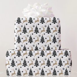 Papel De Regalo Árboles de Navidad blancos negros saltando venado 
