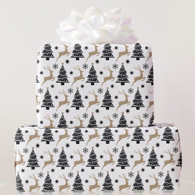 Papel De Regalo Árboles de Navidad blancos negros saltando venado  (Subido por el creador)