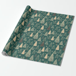 Papel De Regalo Árboles de Navidad Boho Beige Verde Fiesta