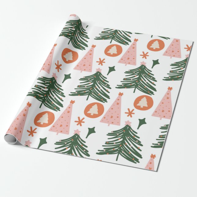 Papel De Regalo Árboles de Navidad Boho Verde Rosa Naranja (Desenrollado)