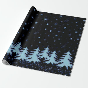 Papel De Regalo Árboles de Navidad brillantes azules y estrellas e