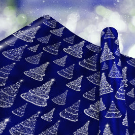 Papel De Regalo Árboles de Navidad brillantes Estrellas Azul Real