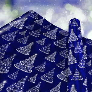 Papel De Regalo Árboles de Navidad brillantes Estrellas Azul Real