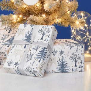 Papel De Regalo Árboles de Navidad Ciervos Blancos Azules