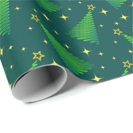 Papel De Regalo Árboles de Navidad con estrellas de oro