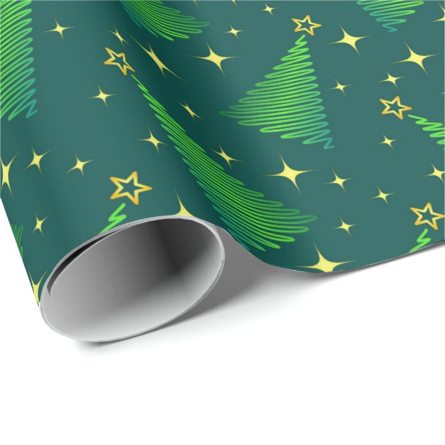 Papel De Regalo Árboles de Navidad con estrellas de oro (Esquina del rollo)