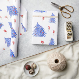 Papel De Regalo Árboles de Navidad con Hiedra Bayas Hielo Azul de