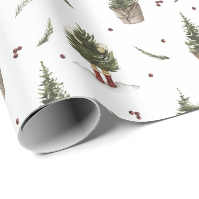 Papel De Regalo Árboles de Navidad con pequeños botes de regalo (Esquina del rollo)