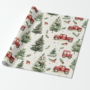Papel De Regalo Árboles de Navidad con viejos camiones rojos