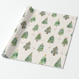 Papel De Regalo Árboles de Navidad copos de nieve en acuarela Fies