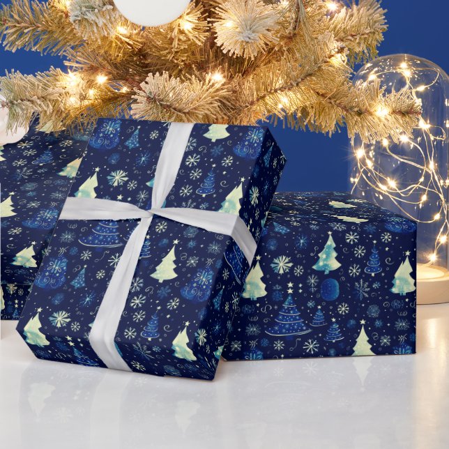 Papel De Regalo Árboles de Navidad Copos de nieve Navidades azules (Vacaciones)