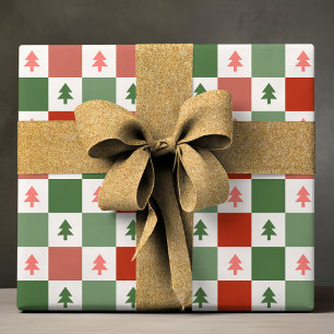 Papel De Regalo Árboles de Navidad de cuadros rojos y verdes moder