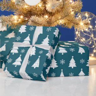 Papel De Regalo Árboles de Navidad de invierno blancos turquesa