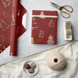 Papel De Regalo Árboles de Navidad de metal falso rojo y dorado fe