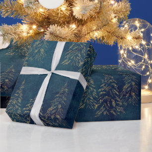 Papel De Regalo Árboles de Navidad de oro festivo azul de medianoc