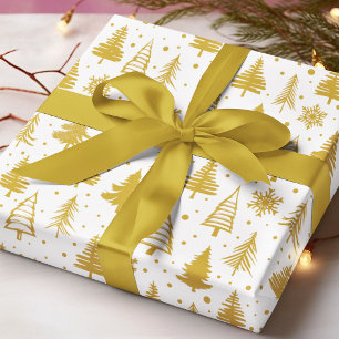 Papel De Regalo Árboles de Navidad Dorados Copo de Nieve Blanco Pa