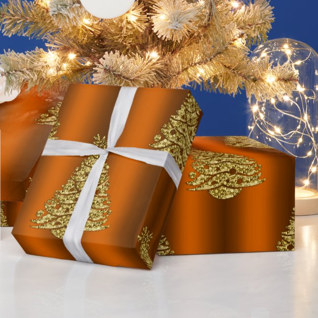 Papel De Regalo Árboles de Navidad dorados en Naranja metálico (Subido por el creador)