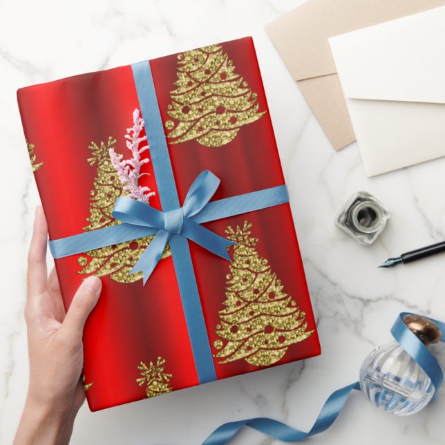 Papel De Regalo Árboles de Navidad dorados en rojo (Subido por el creador)