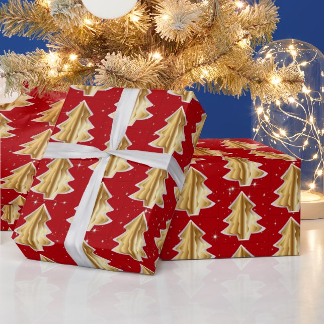 Papel De Regalo Árboles de Navidad dorados y blancos (Vacaciones)