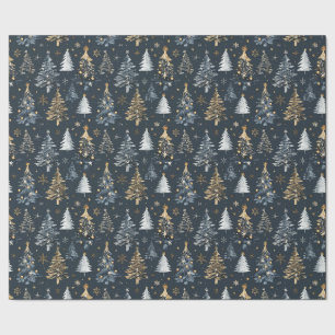 Papel De Regalo Árboles de Navidad dorados y blancos con fondo neg