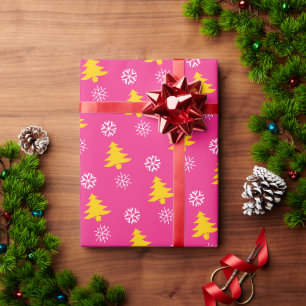Papel De Regalo Árboles de Navidad dorados y copos de nieve blanco