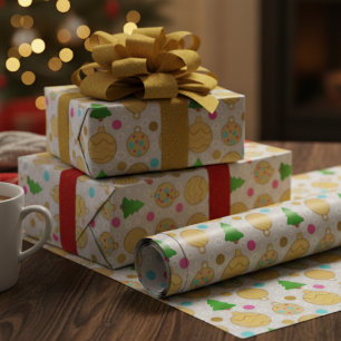 Papel De Regalo Árboles de Navidad dorados y ornamentos dibujados