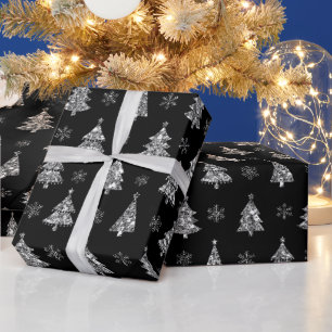 Papel De Regalo Árboles de Navidad Elegantes con Brillo Negro y Pl