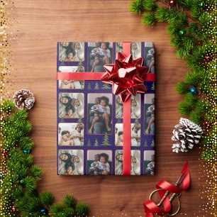 Papel De Regalo Árboles de Navidad en el collage de fotos azul est