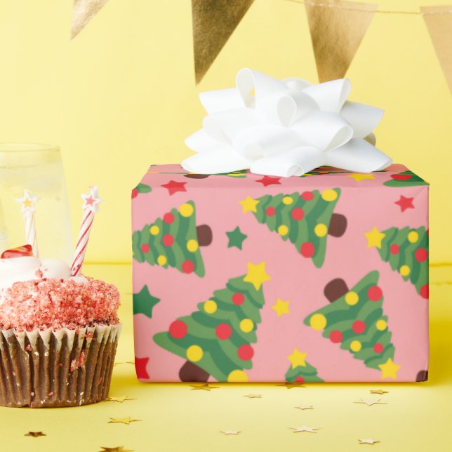 Papel De Regalo Árboles de Navidad estrellados con ornamentos sin  (Fiesta de cumpleaños )