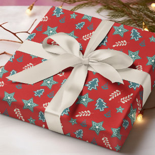 Papel De Regalo Árboles de Navidad Estrellas Floral Rojo Verde Pat