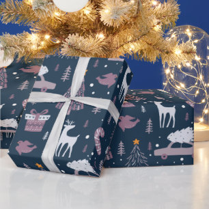 Papel De Regalo Árboles de Navidad Estrellas Reno Azul Oscuro Navi