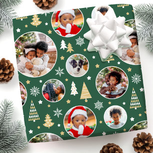 Papel De Regalo Árboles de navidad Feliz Copos de nieve Foto Verde