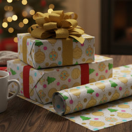 Papel De Regalo Árboles de Navidad Ilustrados y Adornos Dorados