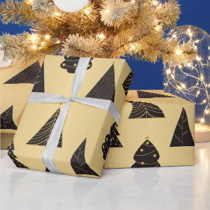 Papel De Regalo Árboles de Navidad Minimalistas de oro y negro, o