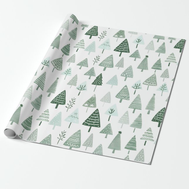 Papel De Regalo Árboles de Navidad modernos blancos y verdes (Desenrollado)