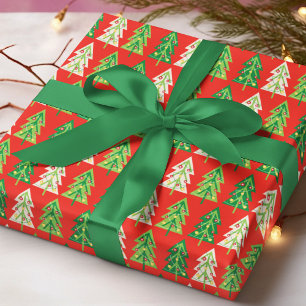 Papel De Regalo Árboles de Navidad Modernos Luces Patrón Rojo