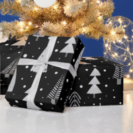 Papel De Regalo Árboles de Navidad modernos Patrón gris negro