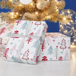 Papel De Regalo Árboles de Navidad multicolores en blanco