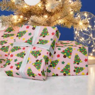 Papel De Regalo Árboles de Navidad, ornamentos y estrellas rosa cl