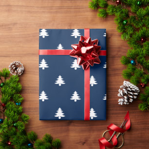 Papel De Regalo Árboles de Navidad patrón blanco azul marino lin