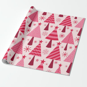 Papel De Regalo Árboles de Navidad Patrón Rosa y Rojo Minimalista