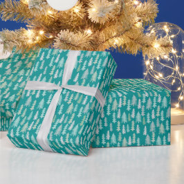 Papel De Regalo Árboles de Navidad pintados a mano Aqua Blanco Azu