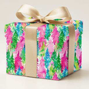 Papel De Regalo Árboles de Navidad Preppy Coloridos de Acuarela