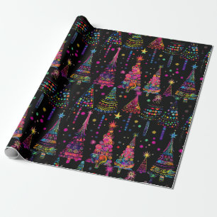 Papel De Regalo Árboles de Navidad psicodélicos en negro