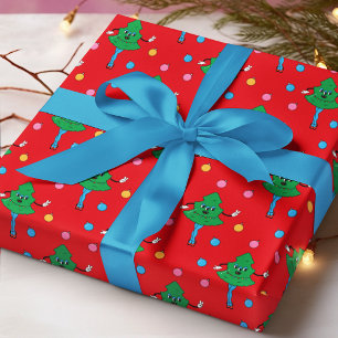Papel De Regalo Árboles de Navidad Retro Groovy Patrón Rojo Verde