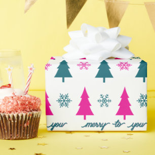 Papel De Regalo Árboles de Navidad Retro Rosados Copos de Nieve Az